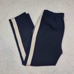 J. Crew Dark Navy Cream Stripe High Rise Stretch Waist Cropped Polyester Pants 4